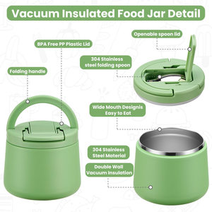 Bocal alimentaire isotherme sous vide de 14 oz avec couvercle à boucle, thermos à soupe pour aliments chauds pour enfants, récipient à lunch en acier inoxydable à large ouverture anti-fuite avec cuillère - Product Image 2