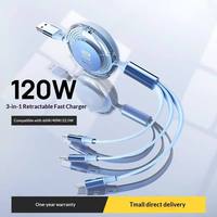 Câble USB universel rétractable réglable en gros, PD 120W, 3-en-1, 4-en-1, multi-prises, chargeur rapide pour IP Type C