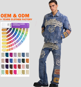 Ensemble de survêtement streetwear pour homme avec broderie appliquée personnalisée par le fabricant, veste délavée à l'acide et jean en denim - Product Image 1