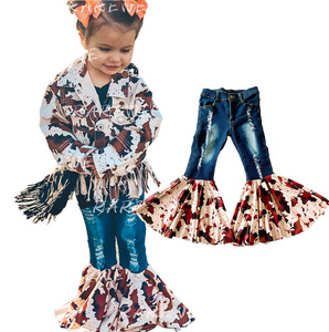 กางเกงยีนส์เด็กทรงขาบานหนังวัวแท้ แต่งลายปะติด สำหรับเด็กวัยหัดเดินและเด็กผู้หญิง เอวยางยืด - Product Image 1