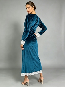 Robe mi-longue élégante à encolure en V, manches longues, garniture en dentelle, tenue élégante pour les vacances, les dîners, les rendez-vous et les occasions quotidiennes - Product Image 3