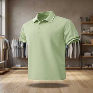 Polo à manches courtes vert uni pour homme, 100% coton piqué, respirant, style décontracté tissé - Product Image 2