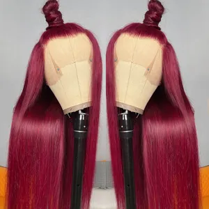 Yeswigs peruca de cabelo natural hd, barata vermelha 99j cabelo humano hd frontal peruca renda completa cabelo brasileiro virgem humano transparente