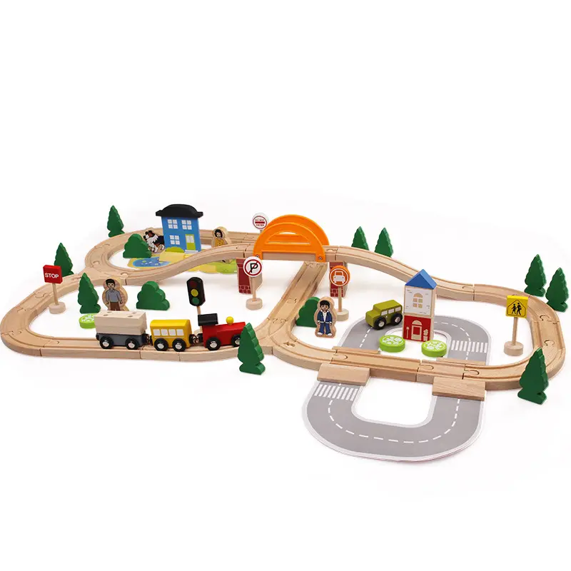 Деревянный набор <span class=keywords><strong>поезд</strong></span>ов для детей, 78 шт., веселая дорога, пересечение дорог, 3D набор «сделай сам», деревянные игрушки, детская стимуляция, игрушки для автомобиля