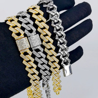 Grande Chaîne Cubaine Hypoallergénique Plaqué Or Pas Cher avec Maillons Baguette Sertis de Pierres 15mm, Collier Chrétien Unisexe