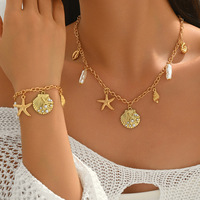 Collier pour femme style océan, design géométrique incrusté de perles, coquillages et étoiles de mer, bracelet polyvalent, longue chaîne de clavicule