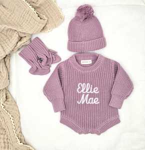 Kaiyue personalizzabile Unisex abbigliamento 4 pz Set pagliaccetto in maglia color lavanda con nome stampato stivaletti con fiocco per bambini estate - Product Image 4