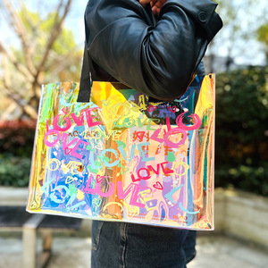 Borse personalizzate con manico inciso al Laser iridescente borse da palestra per nuoto in PVC trasparente in gelatina borse a spalla da spiaggia impermeabili - Product Image 3