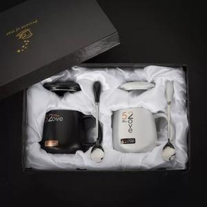 <b>Black</b> and White Minimalist Ceramic Coffee <b>Mug</b> for couple with lid and spoon featuring a big handle - Product Image 1