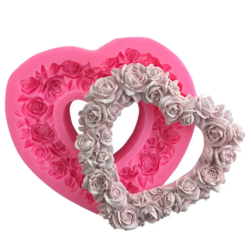 Large Heart Shape Rose Wreath Chocolate Molds Fondant Silicone Cake Decoration Jelly Ice Love Gift Chocolate Molds Baking Tools