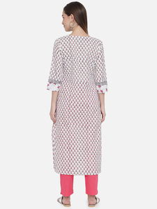 Ensemble Kurti pour femme en coton à imprimé floral fait main, avec bordure contrastante, manches trois quarts, coupe classique, robe de soirée - Product Image 6