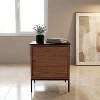 Table de chevet sans poignée à 2 tiroirs, noyer et noir bicolore, avec pieds en métal, mobilier moderne, vente en gros OEM