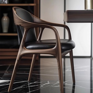 北欧ミニマリスト木製アームチェア ミニマリストホーム ソリッドウォールナットウッド レザーバックチェア - Product Image 2