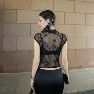 Haut sexy noir à imprimé dragon pour femme, en maille transparente à manches courtes avec col mandarin, style gothique chinois 2026 - Product Image 3