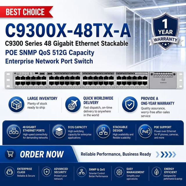 For C9300X-48TX-A C9300 Series 48 Gigabit Ethernet Stackable POE SNMP QoS 512G Capacity Enterprise Network Port Switch