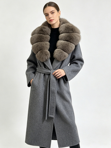 <span class=keywords><strong>Manteau</strong></span> <span class=keywords><strong>long</strong></span> en <span class=keywords><strong>laine</strong></span> double face Janveny de luxe pour <span class=keywords><strong>femme</strong></span> avec col en vraie fourrure de renard, ceinture à la taille, élégant et chaud, mélange de <span class=keywords><strong>laine</strong></span> - Product Image 4
