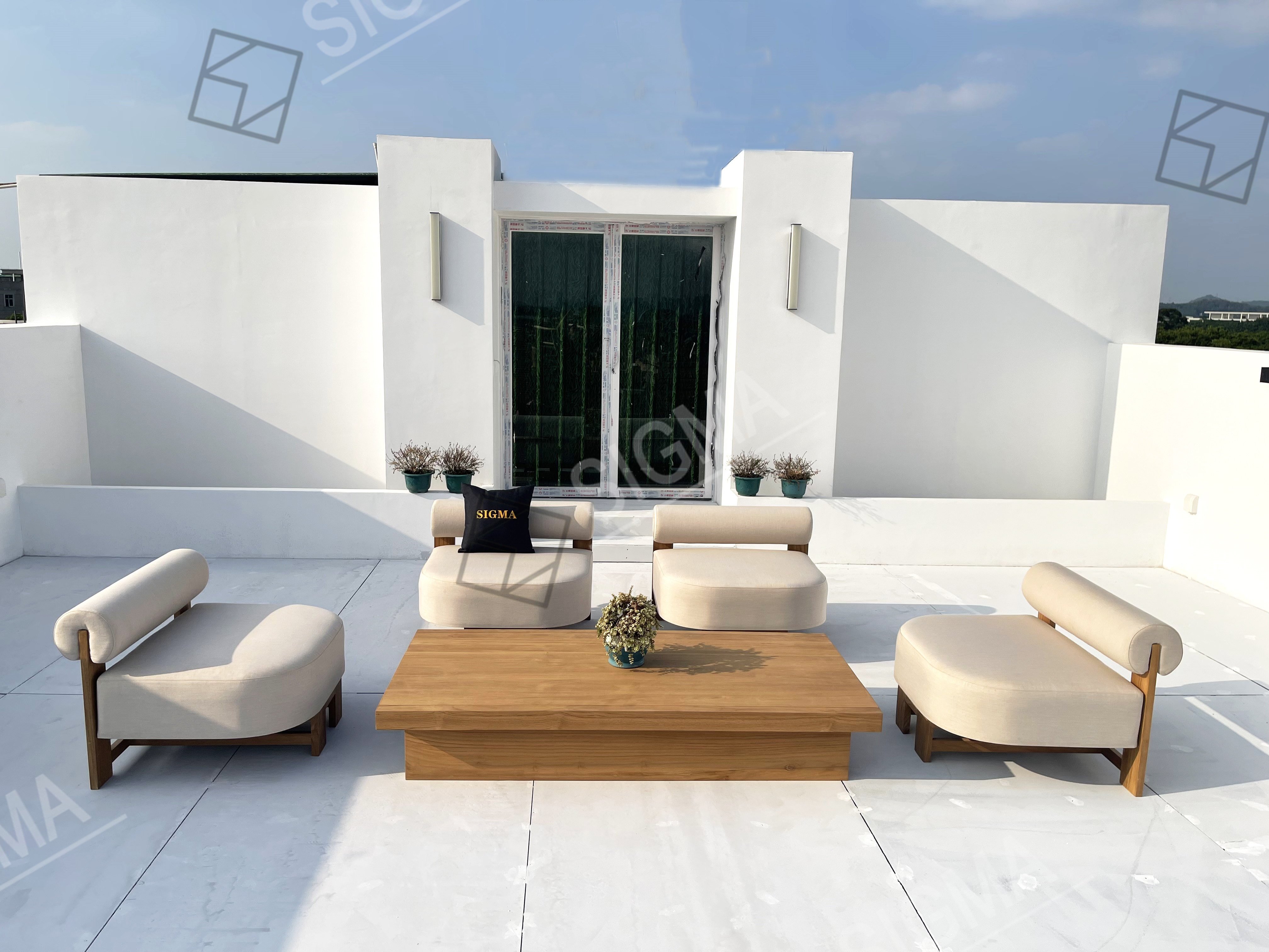 Modern Luxe Custom Solid Teak Wooden Garden Patio Outdoor Outside Leisure  Seat Sofa  Set
