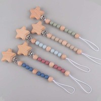 Ensemble hochet et anneau de dentition en bois de hêtre avec clip étoile gonflable et chaîne de sucette en silicone pour apaiser les nouveau-nés