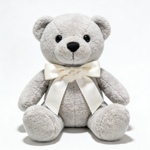 Oso de peluche gris claro, oso de peluche gris con lazo de satén crema, oso de peluche gris neutro suave, oso de peluche clásico simple sentado - Product Image 2