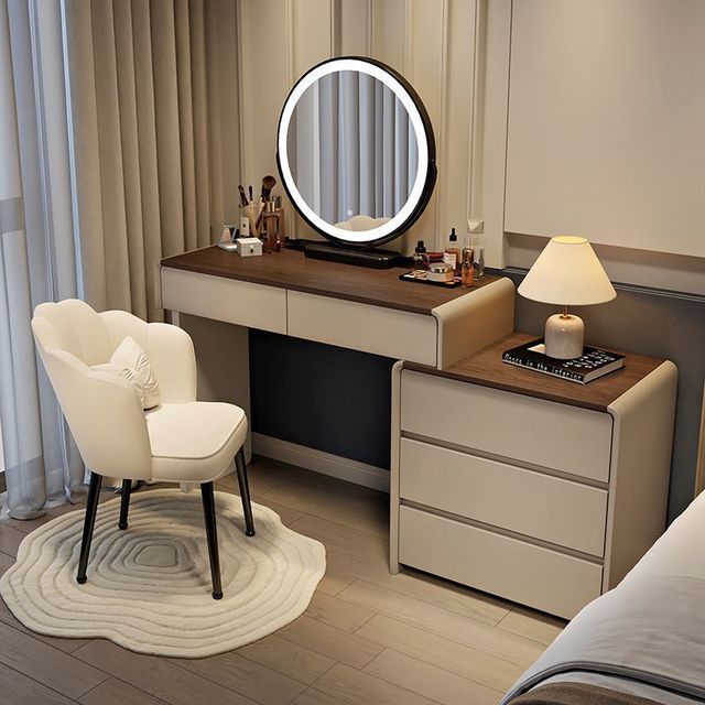 Modern Simple Cream Style Solid Wood Dressing Table Walnut Color Integrated Bucket Cabinet New Style Makeup Vanity for Bedroom