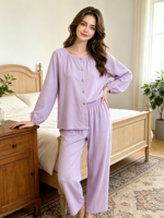 Ensemble de pyjama ample en fibre de bambou pour femme, col rond, style fin, longueur intégrale, pour chambres climatisées, cardigan à manches longues, collection automne