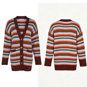 Cozy Rainbow Striped Cardigan Brown Contrast Trim V-Neck Button up Sweater Slouchy <strong>Longline</strong> Knit <strong>Jumper</strong> for Women Retro Style - Product Image 3