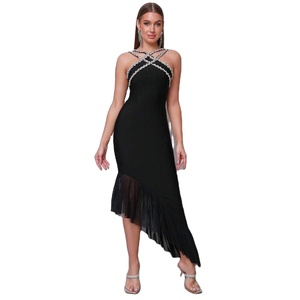 Abito Lungo in Pizzo Nero con Strass Brillanti, Rete Asimmetrica e Balze Incrociate, Traspirante, Aderente, per Cocktail ed Eventi Formali - Product Image 3