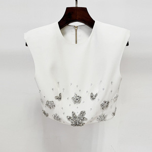 2026 early spring new style fashion heavy-duty beaded and diamond-<strong>studded</strong> <strong>blouse</strong> short top +skirt set two-piece set ready ship - Product Image 4