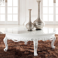 Meubles de salon classiques de luxe, cadre en bois doré, dessus en verre sculpté à la main, forme ronde, table basse pour le thé et le café