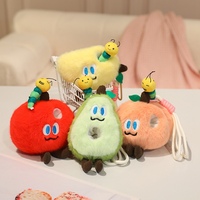 Schattige fruit- en wormenpluche sleutelhangers - zachte gevulde appel-/peer-/sinaasappelpoppen met verwijderbare wormenbedels, Kawaii tasaccessoires