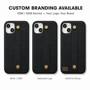 Custodia per telefono in vera pelle con cinturino da polso, rivetti dorati, in pelle pieno fiore martellata, con impugnatura per dita, antiurto, per <span class=keywords><strong>iPhone</strong></span>, logo personalizzabile - Product Image 4