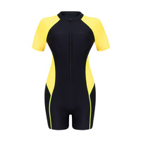 Maillot de bain une pièce femme 2026 à manches courtes, coupe boxer, fermeture éclair, taille haute, color block, en nylon et élasthanne, coupe régulière, sexy, longueur genou, pour la plongée