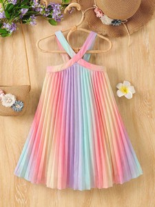 Sommerkleid für Babys ab 6 Monaten, Lässige Baumwollkleidung mit Knöpfen, Lebhaftes Regenbogen-Design, Plissierter Rock, Wellenförmiger Kragen, Prinzessinnenkleid in Knielänge - Product Image 6