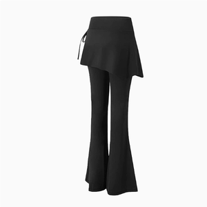 Leggings de yoga taille haute pour femme avec jupe asymétrique et ourlet évasé, marron uni, en polyester extensible quadridirectionnel, taille élastique - Product Image 5