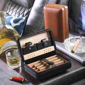 Four-Pack Mellow Moisturizing Cigar Set Portable Zipper Leather Bag with Spanish Cedar Wood Gift Box Travel Companion - Product Image 3