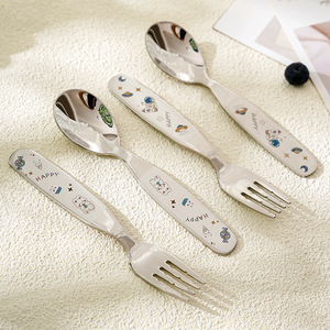 Juego de Cubiertos Infantiles de Acero Inoxidable 304, con Diseño de Conejo Astronauta Grabado en Color, Cuchara y Tenedor de Metal, Venta al por Mayor - Product Image 2