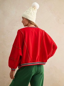 <b>Women's</b> Oversized Red Crewneck Sweatshirt With <b>White</b> Letter Patchwork Emb Casual Varsity Streetwear <b>Hoodie</b> - Product Image 2