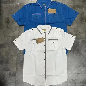 Stock Lot For Sale Men's Short Sleeve Shirt Man Summer 60%Cotton 40%Polyester White Shirt With Epaulets