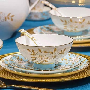 60-Piece <b>Bone</b> <b>China</b> <b>Dinner</b> <b>Set</b> with Yellow Daisies on Sky Blue Background - Product Image 4