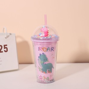 450ml Cute ROAR Slogan Dinosaur Full Print Double Wall <b>Plastic</b> Tumbler with Straw Dome Lid Pastel Pom Pom <b>Beads</b> & Mini Dinosaur - Product Image 1