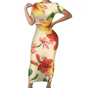 ชุดเดรสฮาวายสำหรับผู้หญิง,ชุดกระโปรงยาวพิมพ์ลายดอกไม้แฟชั่นสไตล์เขตร้อน
