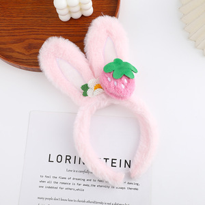 Fascia per capelli rosa da donna, carina e dolce, fatta a mano, con orecchie di coniglio e fragole, in peluche, per lavare il viso a casa - Product Image 3