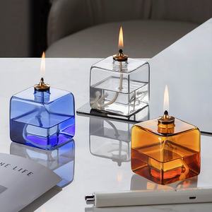 עיצוב הבית קטן פמוט זכוכית פנסים פנסים פנסים בעבודת יד בהיר ענבר כחול צבעוני מרובע גבוה בורוסיליקט מנורת שמן זכוכית - Product Image 1