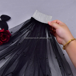 Velo de Novia YM24 de 1 Nivel, <span class=keywords><strong>Mantilla</strong></span> Negra <span class=keywords><strong>con</strong></span> Perlas y Encaje, Tul Transparente, Borde de Cuentas Hecho a Mano, Accesorios para el Cabello - Product Image 6