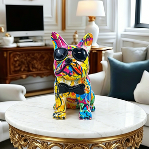 Escultura de Bulldog Francés Colorido con Gafas, Pintura Creativa Personalizada por Transferencia de Agua, para Decoración del Hogar - Product Image 3