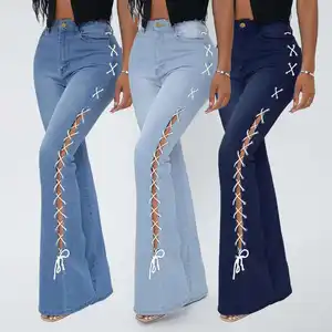 Custom Side Chain Bowknot Patchwork Flared Calças Rasgado Denim Jeans Cintura Alta Stretch Slim para Mulheres Vintage Woven Softener