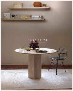 Tavoli da Pranzo in Travertino Lucidato Premium, Forma Rotonda con Colonne Romane Scanalate, Arredamento Minimalista per Villa e Appartamento - Product Image 6