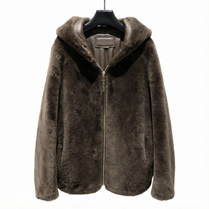 Manteau court décontracté Janefur pour femme, en fausse fourrure de vison marron, uni, teint, à capuche, avec fermeture éclair, coupe ample, chaud pour l'hiver - Product Image 1