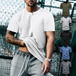 Camiseta Henley de Cuello Redondo y Manga Corta para Hombre, Color Sólido, Corte Regular, 100% Algodón Jersey, Ropa Casual de Verano 2024 - Product Image 1