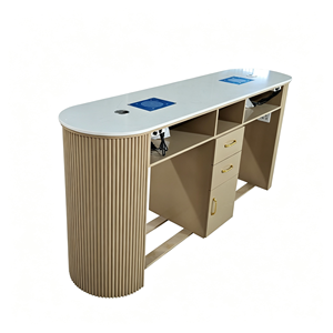 Table de manucure double poste avec aspirateur de poussière, plateau en pierre blanche, panneau cannelé, pour salon de beauté et spa des ongles - Product Image 6